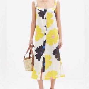 Cala De La Cruz Tamara Daisy Linen Midi Dress in Yellow and Black Resort Luxury